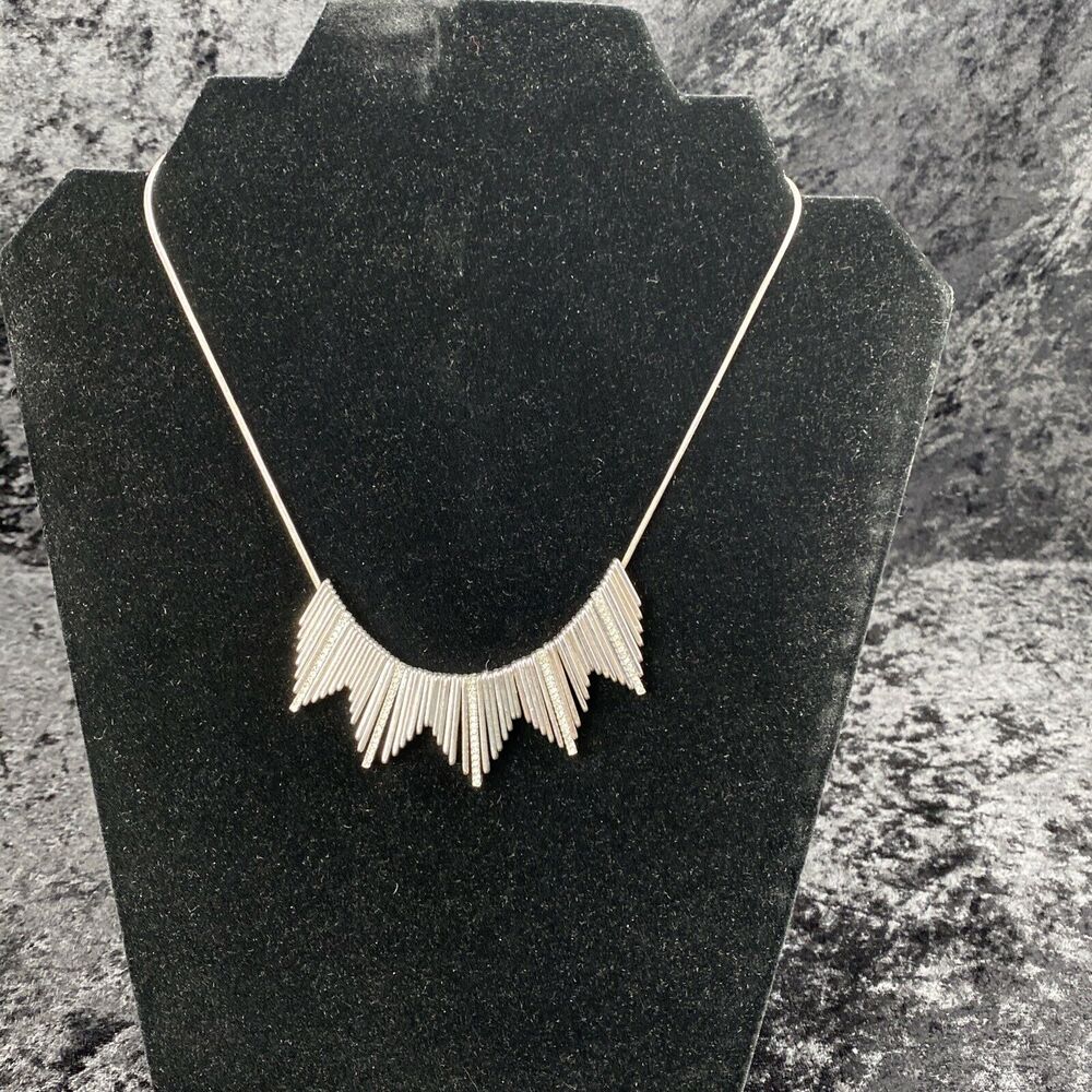 Vintage Silver Tone Rhinestone Brutalist Art Deco Bib Necklace Metal‎ Fringe